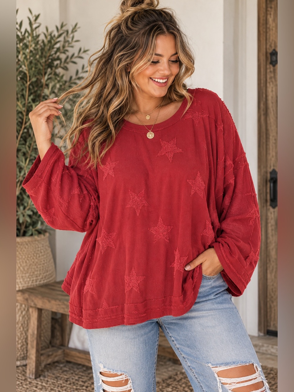 GiGiO Plus Red Star Print Oversized Tunic Top XL Boho Mineral Wash